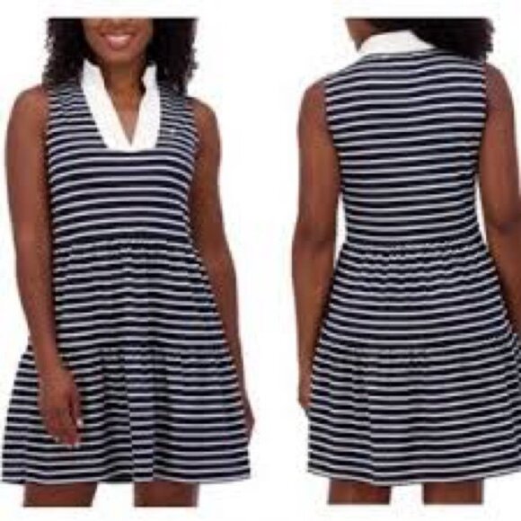 Eliza J Navy and White Striped Sleeveless Tiered Dress Size Medium Nautical - Picture 1 of 7